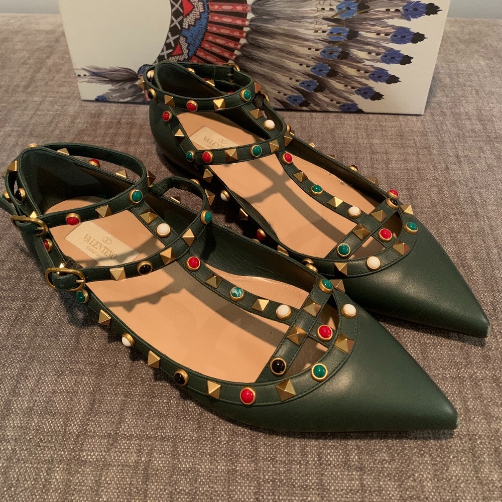 Valentino Rockstud Cage Rolling Ballerina Flats 40 Green Leather